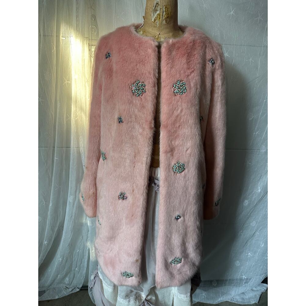 ZARA COLLECTION - Pink Bejeweled Faux Fur Coat blue beads party - Picture 16 of 16